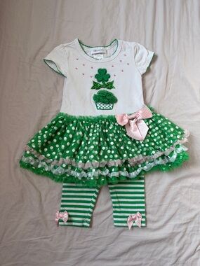 Green St. Patrick's Day Polka Dot Tutu Dress with Striped Leggings
